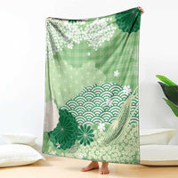 Green Palaka Japanese Patterns Blanket Asanoha Seigaiha Sakura Motif - Polynesian Pride