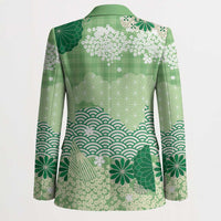 Green Palaka Japanese Patterns Blazer Asanoha Seigaiha Sakura Motif - Polynesian Pride