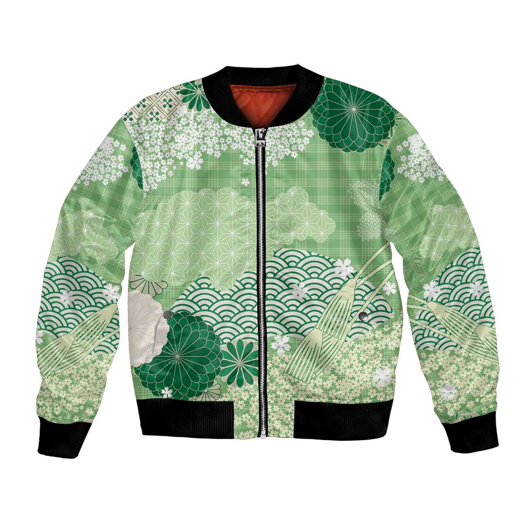 Green Palaka Japanese Patterns Bomber Jacket Asanoha Seigaiha Sakura Motif - Polynesian Pride