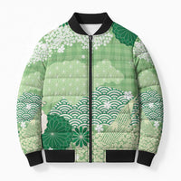 Green Palaka Japanese Patterns Bomber Puffer Jacket Asanoha Seigaiha Sakura Motif - Polynesian Pride
