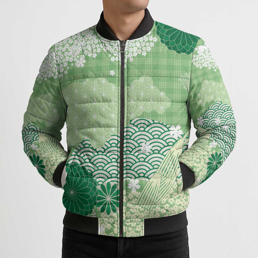 Green Palaka Japanese Patterns Bomber Puffer Jacket Asanoha Seigaiha Sakura Motif - Polynesian Pride