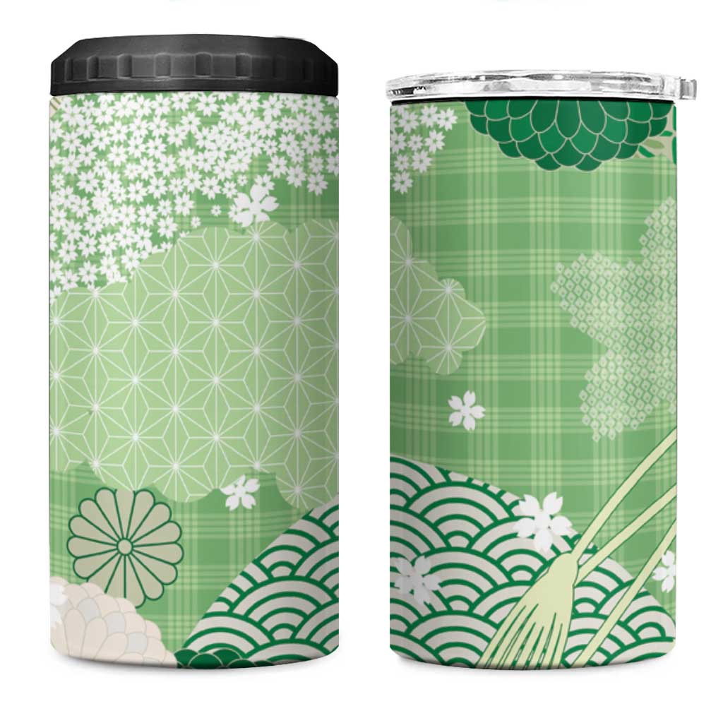 Green Palaka Japanese Patterns 4 in 1 Can Cooler Tumbler Asanoha Seigaiha Sakura Motif LT14 One Size: 16 oz Green - Polynesian Pride