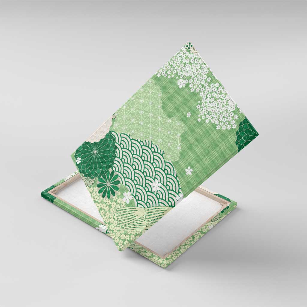 Green Palaka Japanese Patterns Canvas Wall Art Asanoha Seigaiha Sakura Motif LT14 With Frame Green - Polynesian Pride