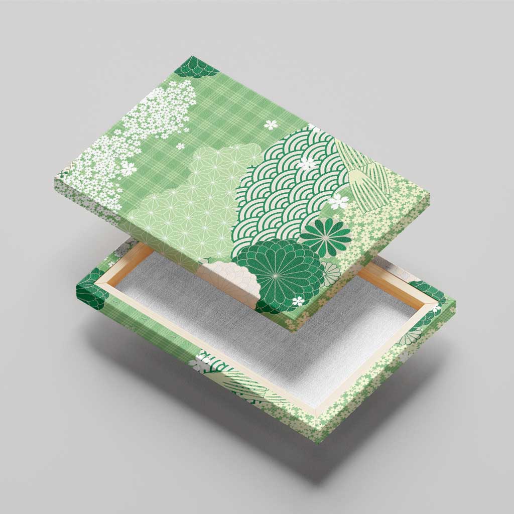 Green Palaka Japanese Patterns Canvas Wall Art Asanoha Seigaiha Sakura Motif LT14 - Polynesian Pride