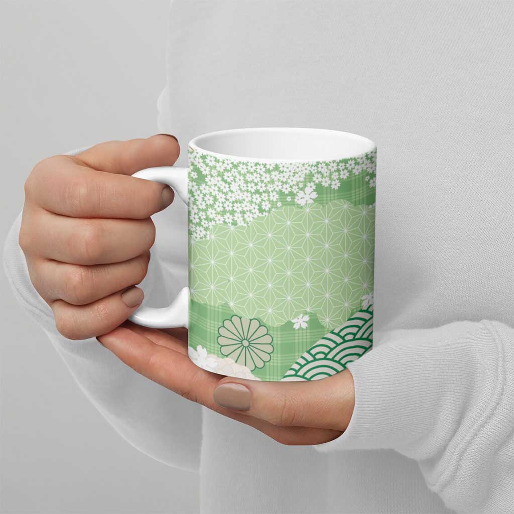 Green Palaka Japanese Patterns Ceramic Mug Asanoha Seigaiha Sakura Motif - Polynesian Pride
