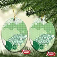 Green Palaka Japanese Patterns Ceramic Ornament Asanoha Seigaiha Sakura Motif - Polynesian Pride