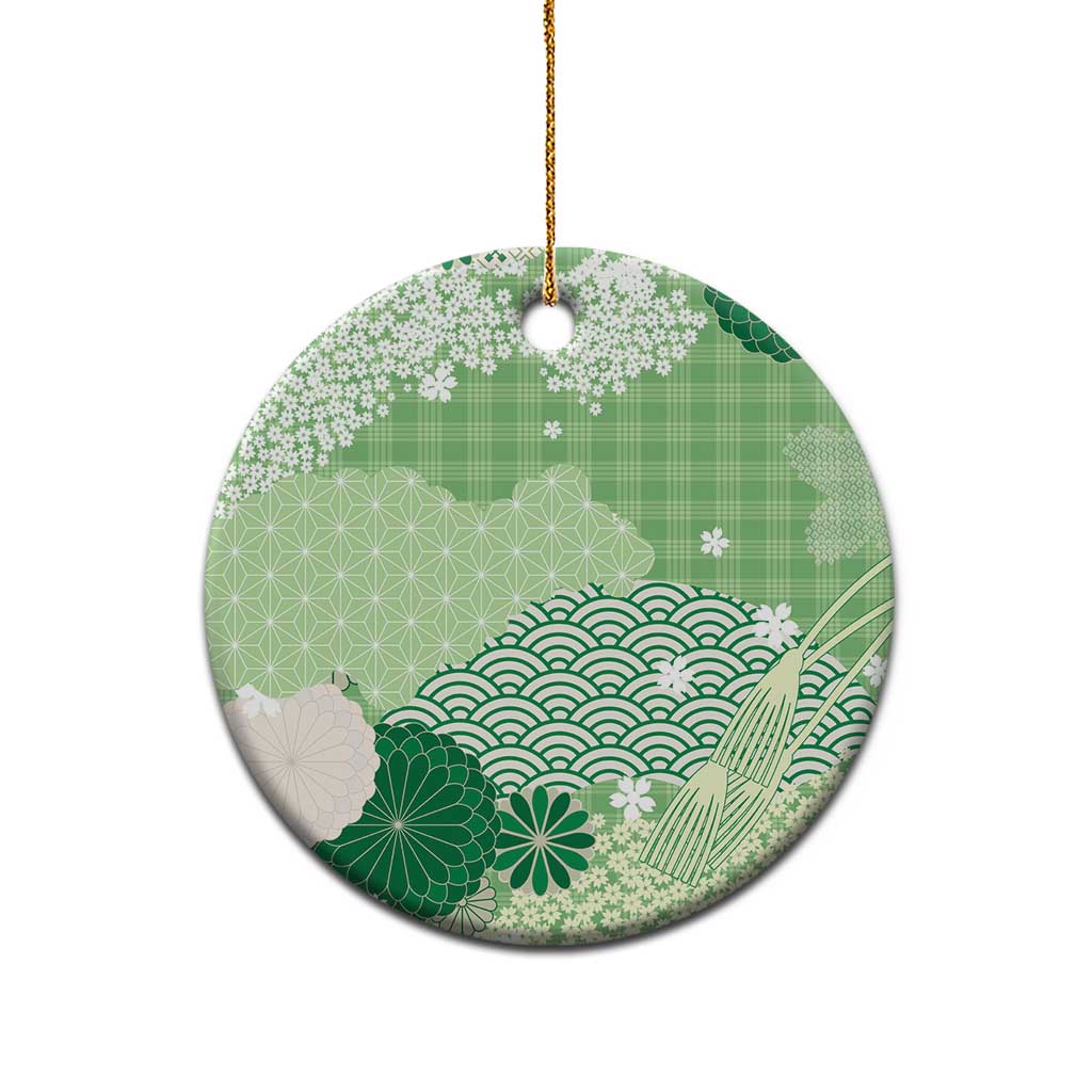 Green Palaka Japanese Patterns Ceramic Ornament Asanoha Seigaiha Sakura Motif - Polynesian Pride