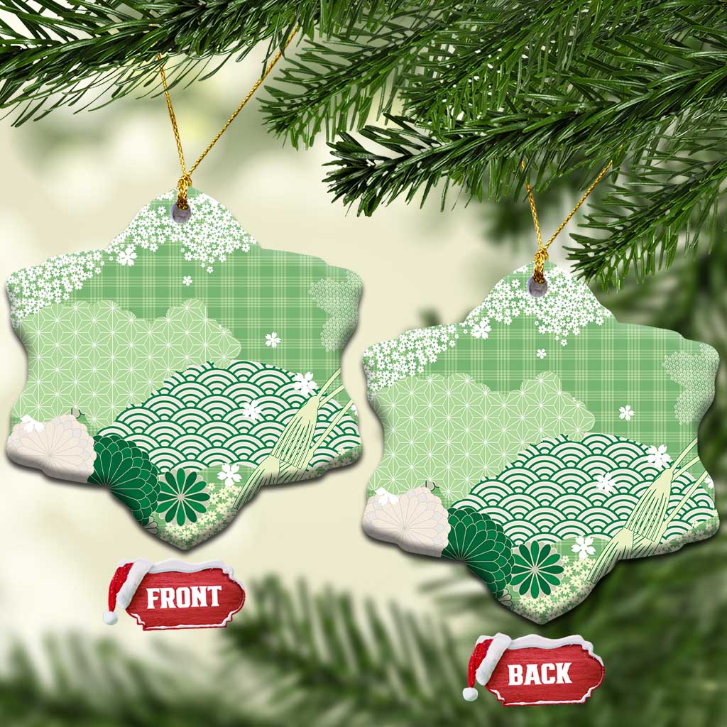 Green Palaka Japanese Patterns Ceramic Ornament Asanoha Seigaiha Sakura Motif - Polynesian Pride