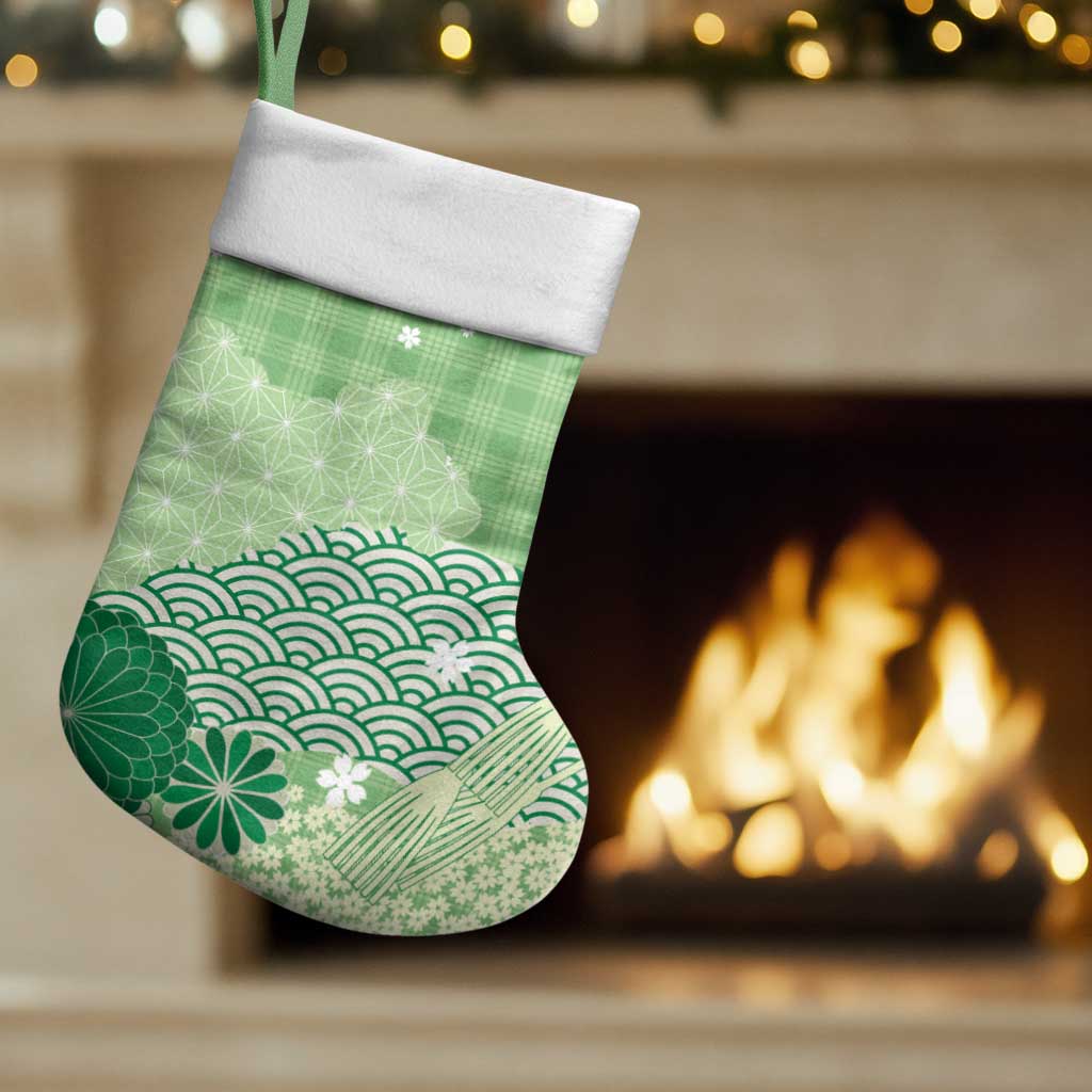 Green Palaka Japanese Patterns Christmas Stocking Asanoha Seigaiha Sakura Motif - Polynesian Pride