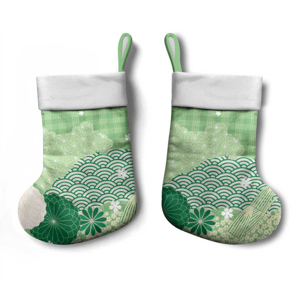 Green Palaka Japanese Patterns Christmas Stocking Asanoha Seigaiha Sakura Motif - Polynesian Pride