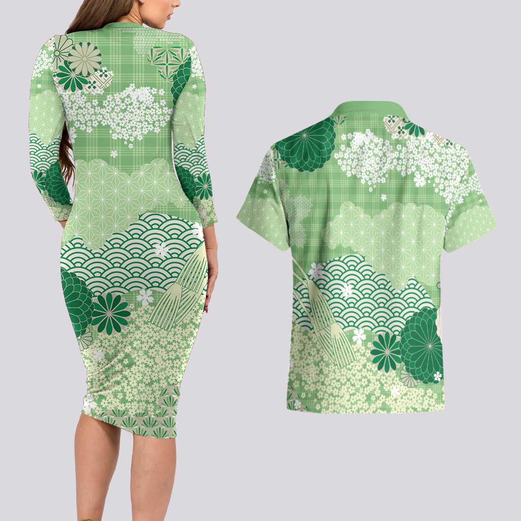 Green Palaka Japanese Patterns Couples Matching Long Sleeve Bodycon Dress and Hawaiian Shirt Asanoha Seigaiha Sakura Motif - Polynesian Pride