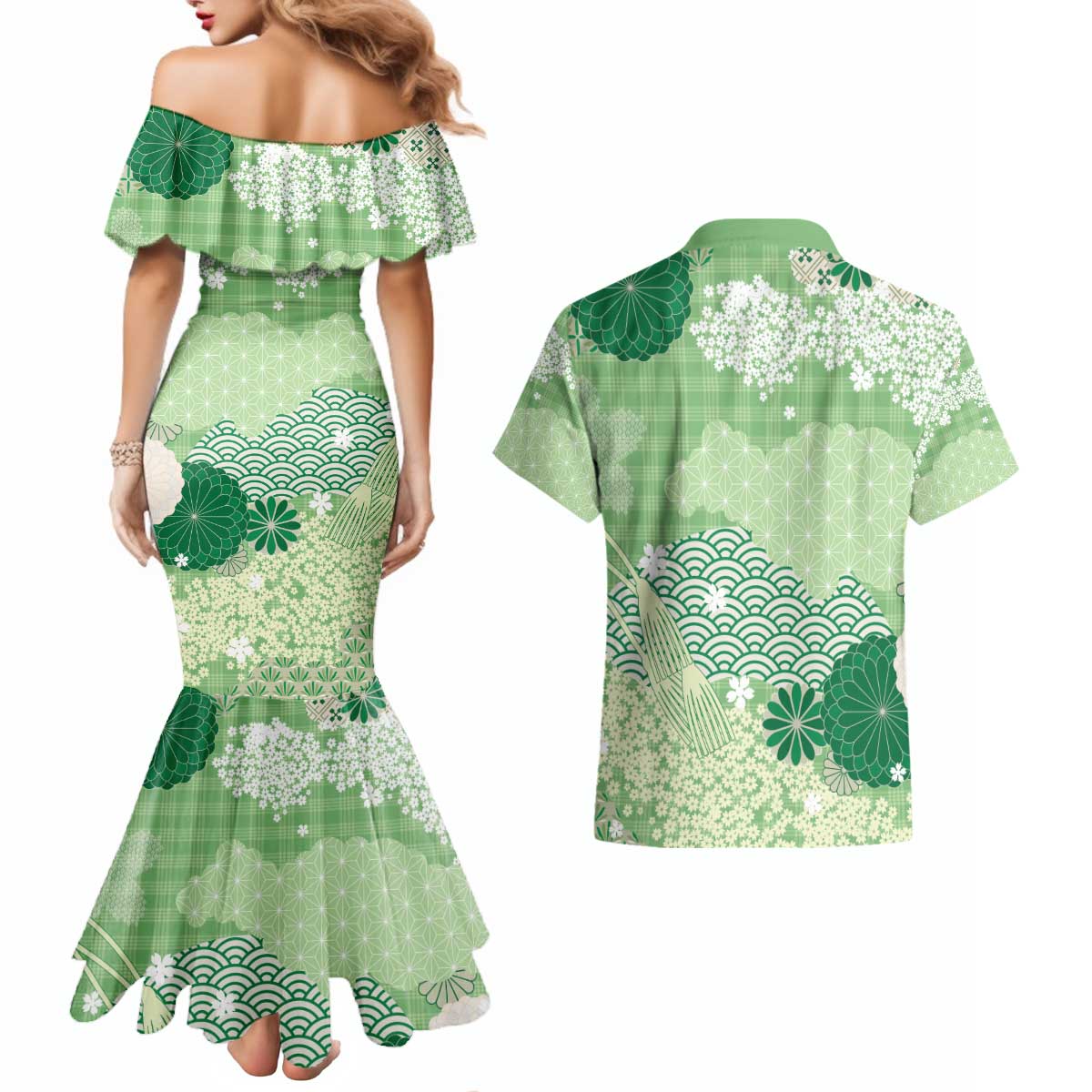 Green Palaka Japanese Patterns Couples Matching Mermaid Dress and Hawaiian Shirt Asanoha Seigaiha Sakura Motif - Polynesian Pride