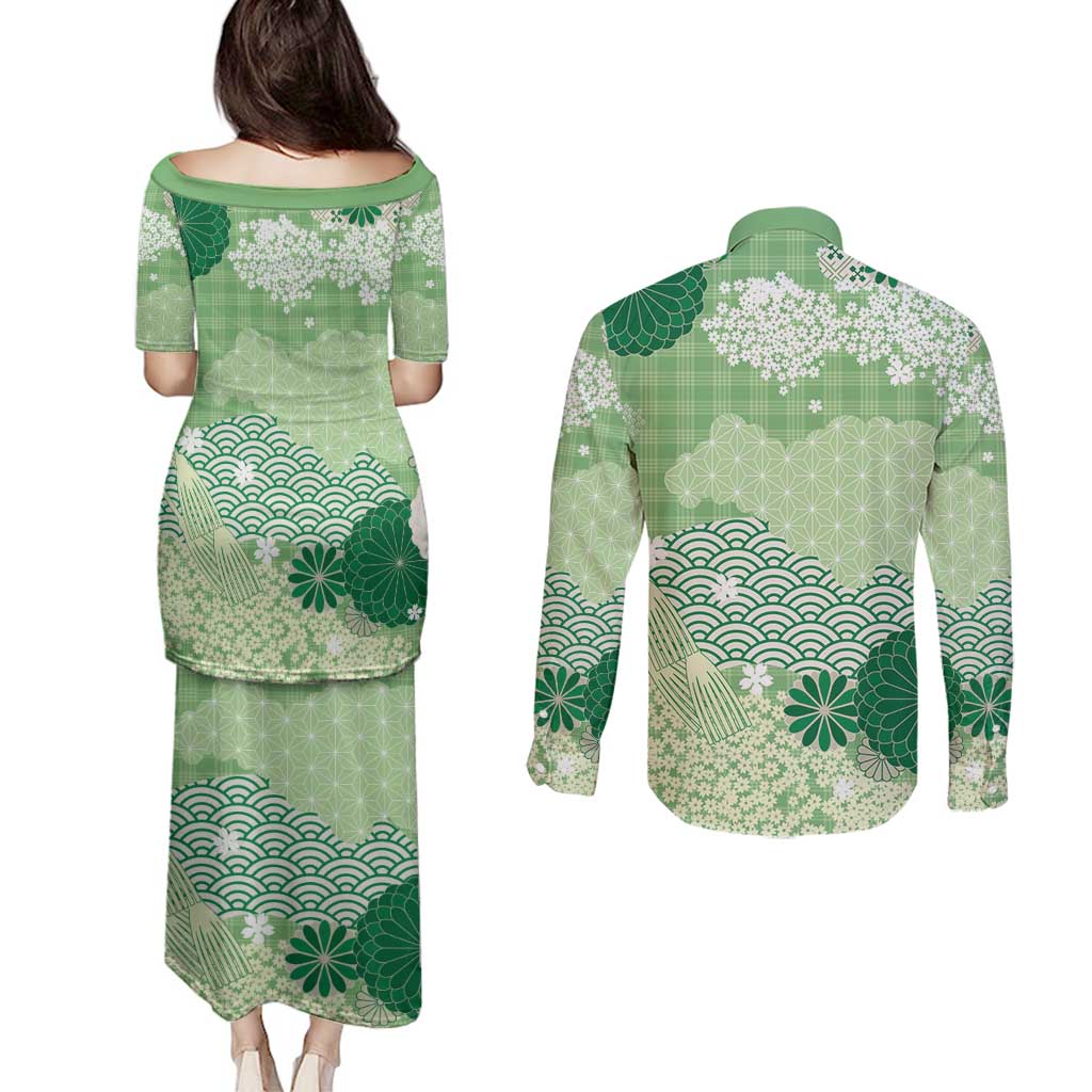 Green Palaka Japanese Patterns Couples Matching Puletasi and Long Sleeve Button Shirt Asanoha Seigaiha Sakura Motif LT14 - Polynesian Pride