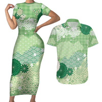Green Palaka Japanese Patterns Couples Matching Short Sleeve Bodycon Dress and Hawaiian Shirt Asanoha Seigaiha Sakura Motif - Polynesian Pride