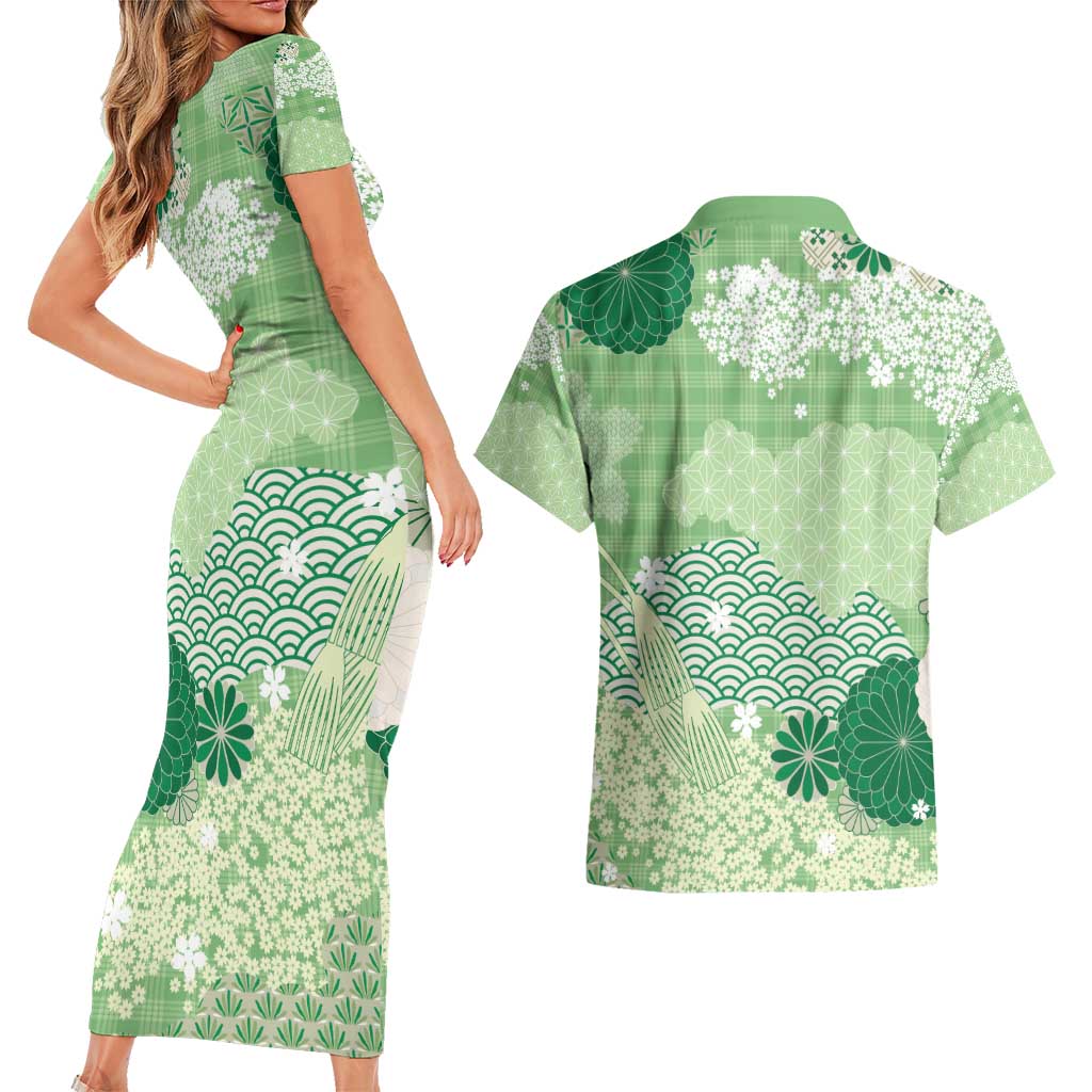 Green Palaka Japanese Patterns Couples Matching Short Sleeve Bodycon Dress and Hawaiian Shirt Asanoha Seigaiha Sakura Motif - Polynesian Pride