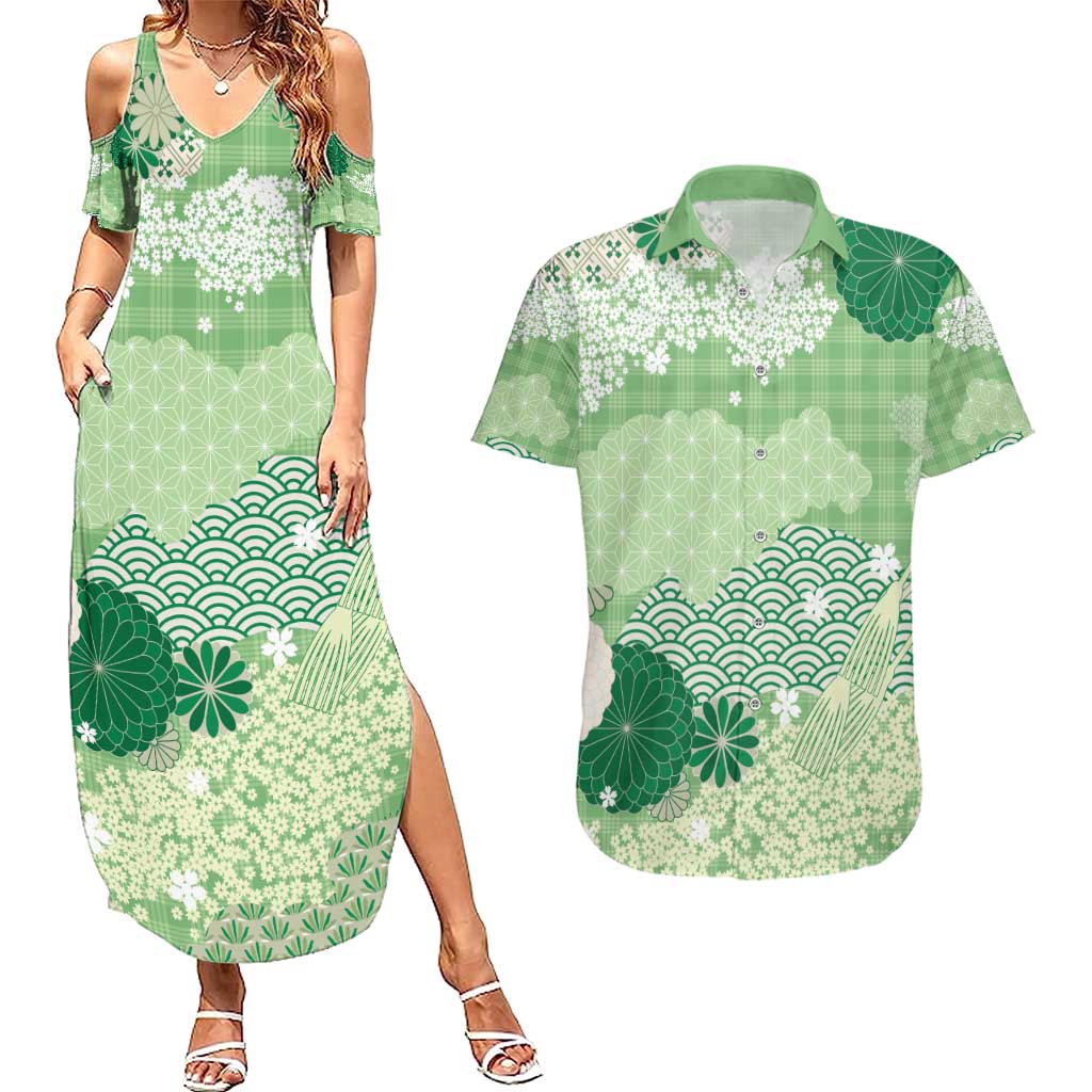Green Palaka Japanese Patterns Couples Matching Summer Maxi Dress and Hawaiian Shirt Asanoha Seigaiha Sakura Motif - Polynesian Pride