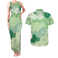 Green Palaka Japanese Patterns Couples Matching Tank Maxi Dress and Hawaiian Shirt Asanoha Seigaiha Sakura Motif - Polynesian Pride
