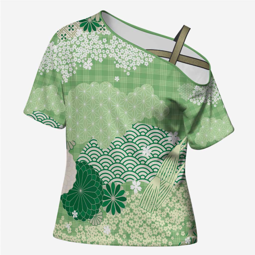 Green Palaka Japanese Patterns Cross Shoulder Shirt Asanoha Seigaiha Sakura Motif - Polynesian Pride
