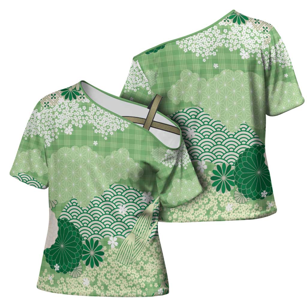 Green Palaka Japanese Patterns Cross Shoulder Shirt Asanoha Seigaiha Sakura Motif - Polynesian Pride