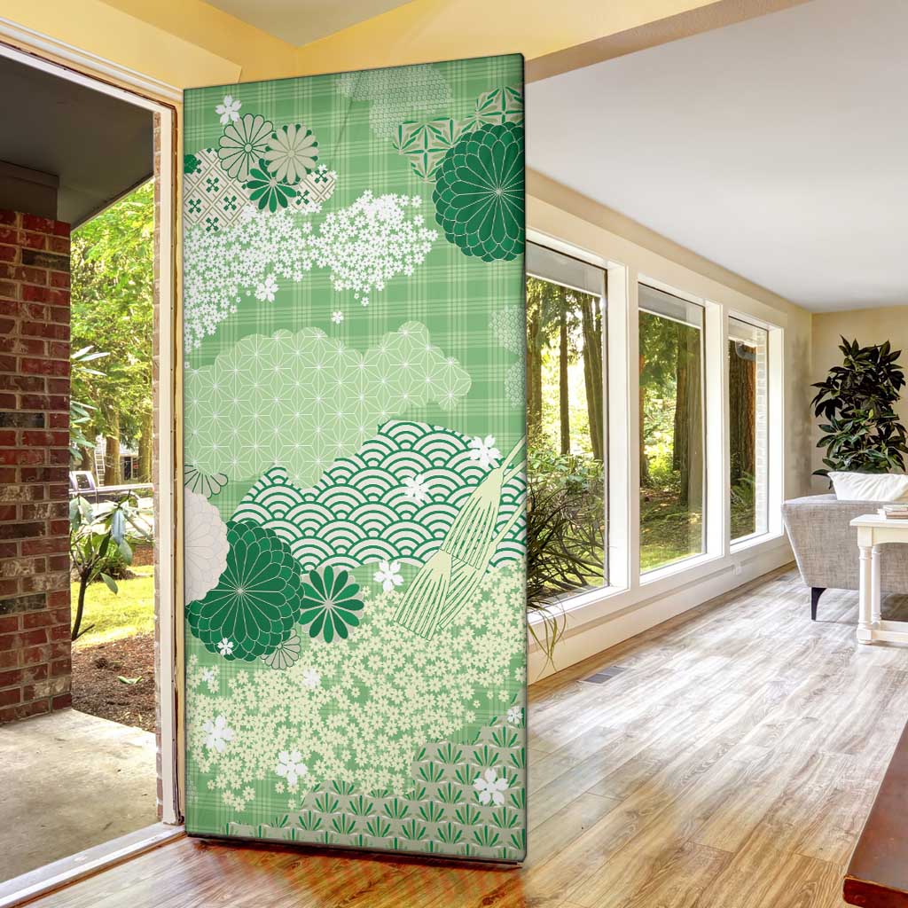 Green Palaka Japanese Patterns Door Cover Asanoha Seigaiha Sakura Motif - Polynesian Pride