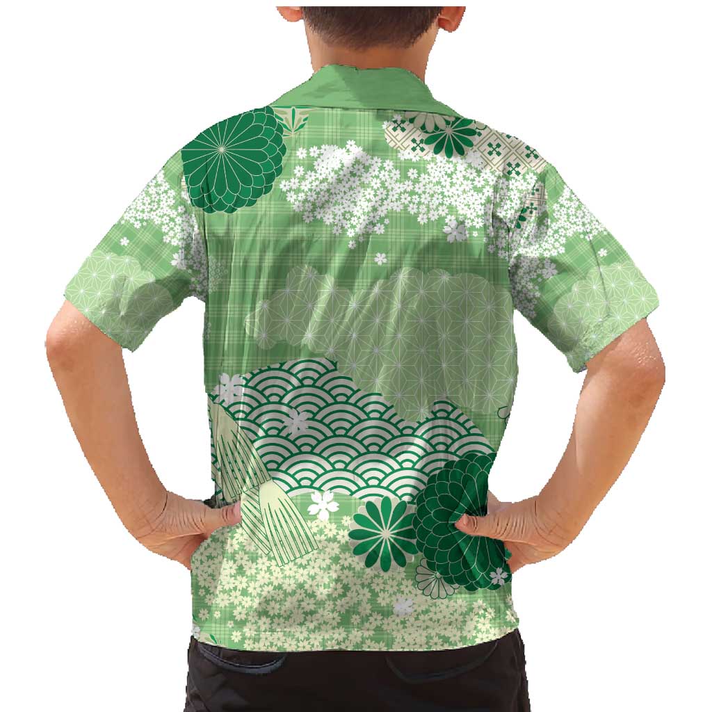 Green Palaka Japanese Patterns Family Matching Mermaid Dress and Hawaiian Shirt Asanoha Seigaiha Sakura Motif - Polynesian Pride