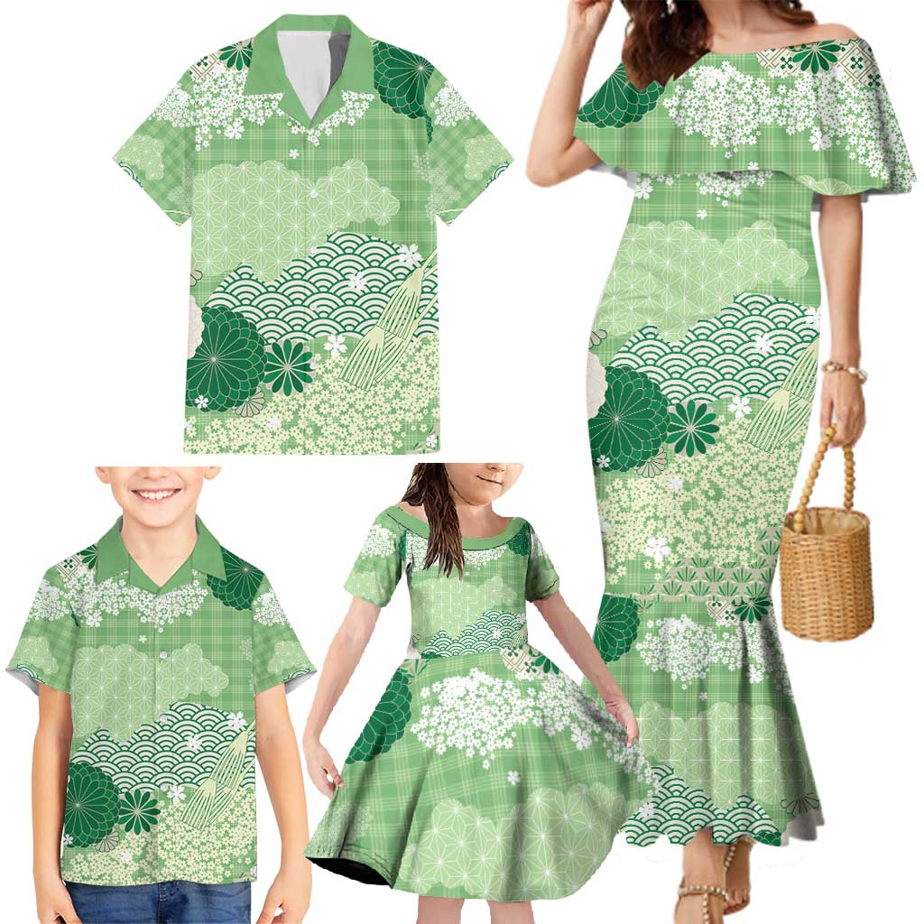 Green Palaka Japanese Patterns Family Matching Mermaid Dress and Hawaiian Shirt Asanoha Seigaiha Sakura Motif - Polynesian Pride