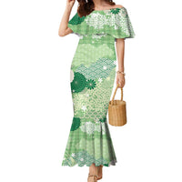 Green Palaka Japanese Patterns Family Matching Mermaid Dress and Hawaiian Shirt Asanoha Seigaiha Sakura Motif - Polynesian Pride