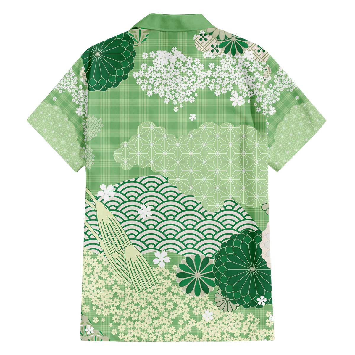 Green Palaka Japanese Patterns Family Matching Off The Shoulder Long Sleeve Dress and Hawaiian Shirt Asanoha Seigaiha Sakura Motif - Polynesian Pride