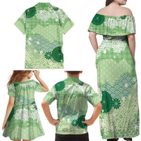 Green Palaka Japanese Patterns Family Matching Off Shoulder Maxi Dress and Hawaiian Shirt Asanoha Seigaiha Sakura Motif - Polynesian Pride