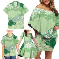 Green Palaka Japanese Patterns Family Matching Off Shoulder Short Dress and Hawaiian Shirt Asanoha Seigaiha Sakura Motif - Polynesian Pride