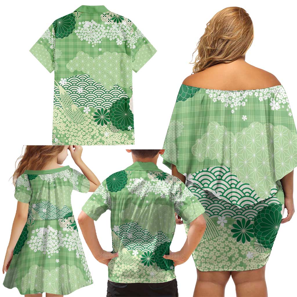 Green Palaka Japanese Patterns Family Matching Off Shoulder Short Dress and Hawaiian Shirt Asanoha Seigaiha Sakura Motif - Polynesian Pride