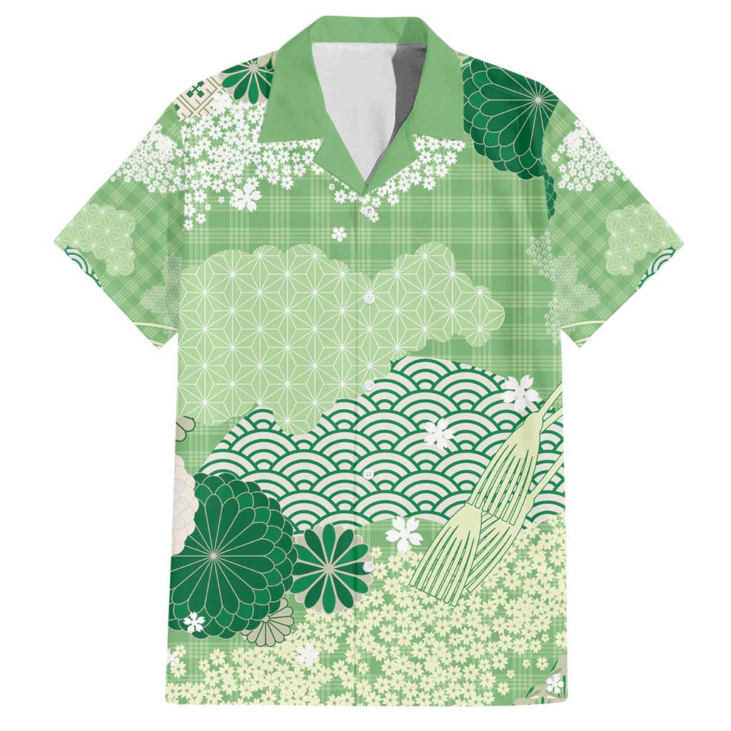 Green Palaka Japanese Patterns Family Matching Off Shoulder Short Dress and Hawaiian Shirt Asanoha Seigaiha Sakura Motif - Polynesian Pride