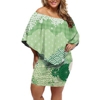 Green Palaka Japanese Patterns Family Matching Off Shoulder Short Dress and Hawaiian Shirt Asanoha Seigaiha Sakura Motif - Polynesian Pride