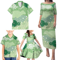 Green Palaka Japanese Patterns Family Matching Puletasi and Hawaiian Shirt Asanoha Seigaiha Sakura Motif - Polynesian Pride