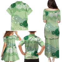 Green Palaka Japanese Patterns Family Matching Puletasi and Hawaiian Shirt Asanoha Seigaiha Sakura Motif - Polynesian Pride