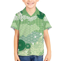 Green Palaka Japanese Patterns Family Matching Puletasi and Hawaiian Shirt Asanoha Seigaiha Sakura Motif - Polynesian Pride