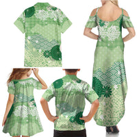 Green Palaka Japanese Patterns Family Matching Summer Maxi Dress and Hawaiian Shirt Asanoha Seigaiha Sakura Motif - Polynesian Pride