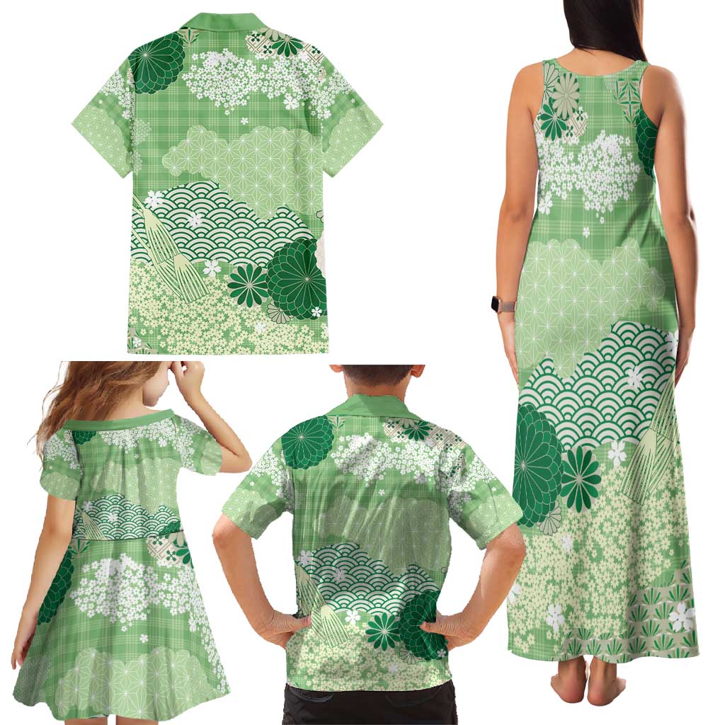 Green Palaka Japanese Patterns Family Matching Tank Maxi Dress and Hawaiian Shirt Asanoha Seigaiha Sakura Motif - Polynesian Pride