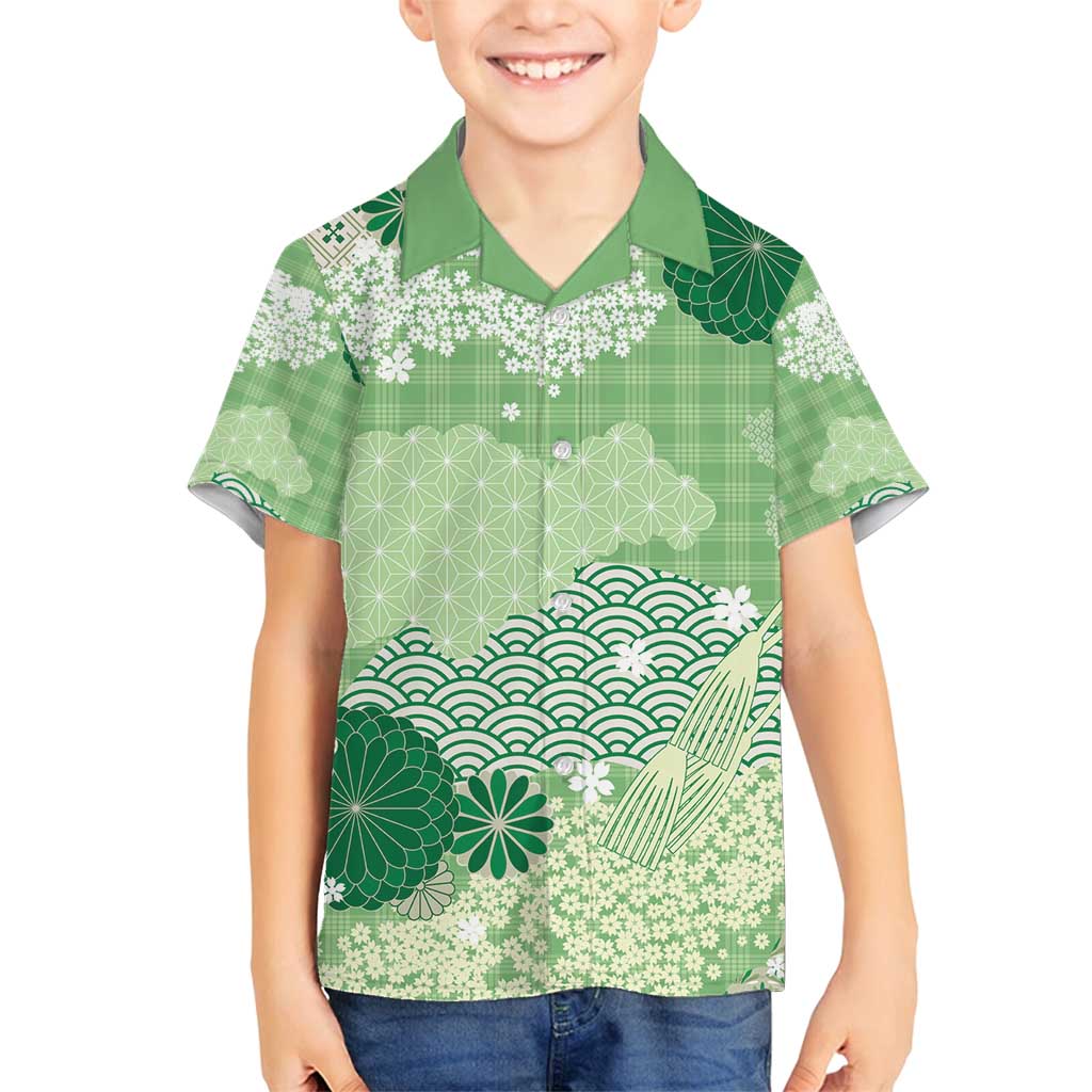 Green Palaka Japanese Patterns Family Matching Tank Maxi Dress and Hawaiian Shirt Asanoha Seigaiha Sakura Motif - Polynesian Pride