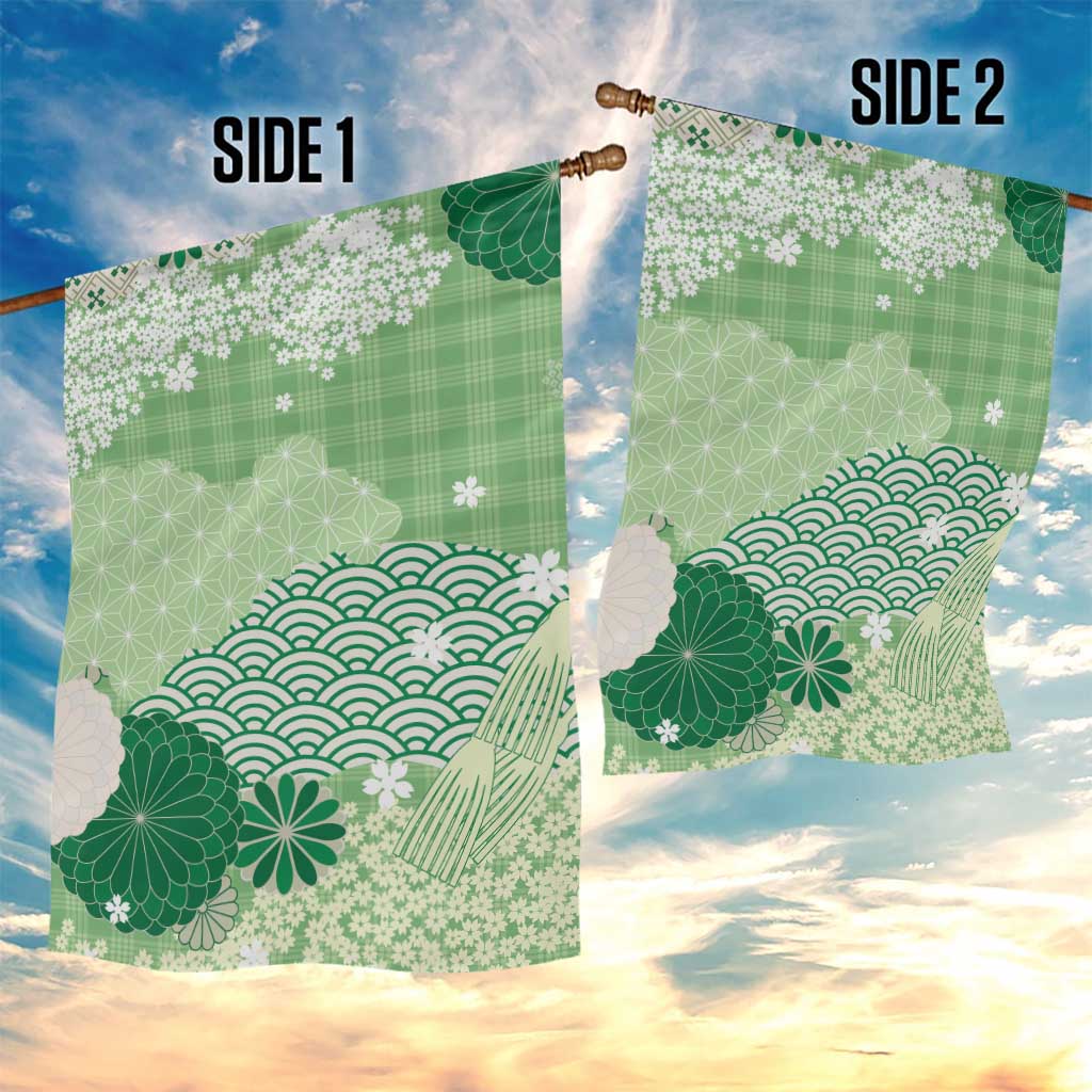 Green Palaka Japanese Patterns Garden Flag Asanoha Seigaiha Sakura Motif - Polynesian Pride