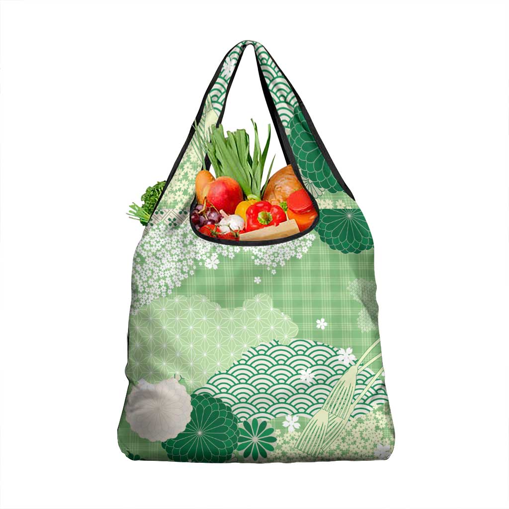 Green Palaka Japanese Patterns Grocery Bag Asanoha Seigaiha Sakura Motif LT14 1-pack One Size Green - Polynesian Pride