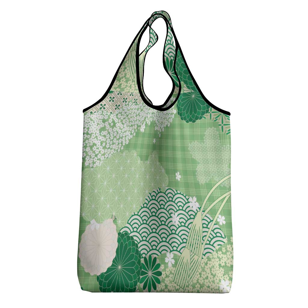 Green Palaka Japanese Patterns Grocery Bag Asanoha Seigaiha Sakura Motif - Polynesian Pride