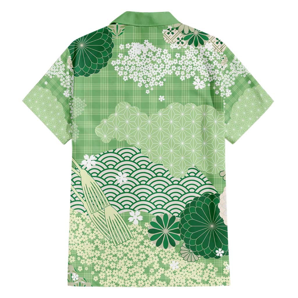 Green Palaka Japanese Patterns Hawaiian Shirt Asanoha Seigaiha Sakura Motif - Polynesian Pride