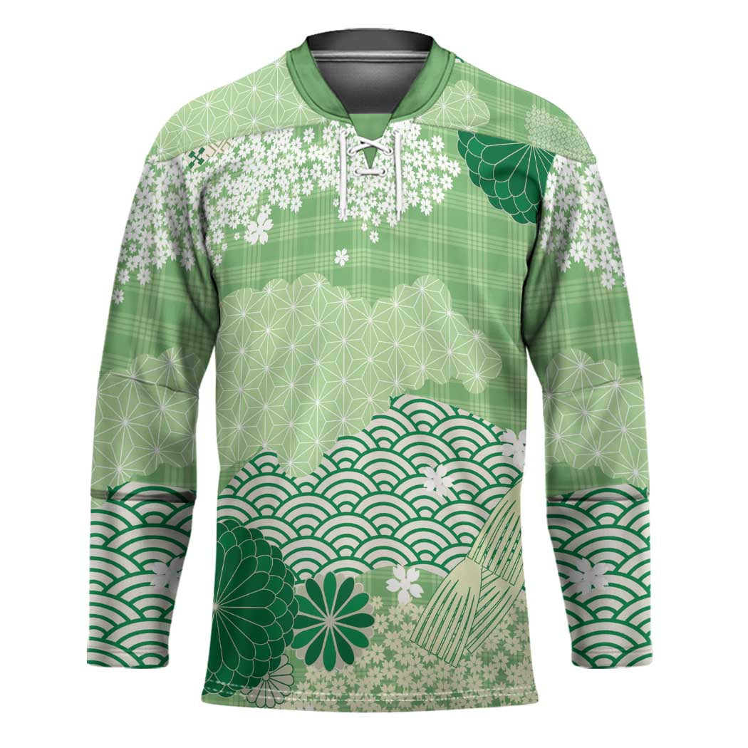 Green Palaka Japanese Patterns Hockey Jersey Asanoha Seigaiha Sakura Motif LT14 Unisex Green - Polynesian Pride