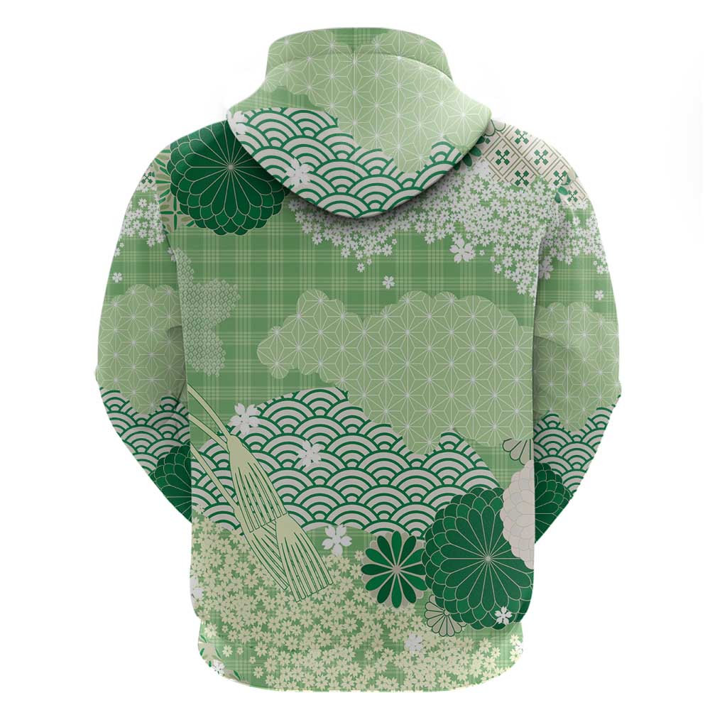 Green Palaka Japanese Patterns Hoodie Asanoha Seigaiha Sakura Motif - Polynesian Pride