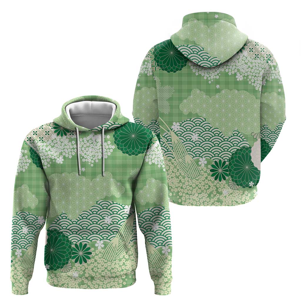 Green Palaka Japanese Patterns Hoodie Asanoha Seigaiha Sakura Motif - Polynesian Pride