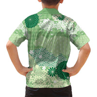 Green Palaka Japanese Patterns Kid Hawaiian Shirt Asanoha Seigaiha Sakura Motif - Polynesian Pride