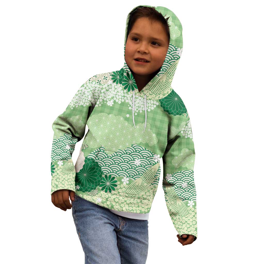 Green Palaka Japanese Patterns Kid Hoodie Asanoha Seigaiha Sakura Motif - Polynesian Pride