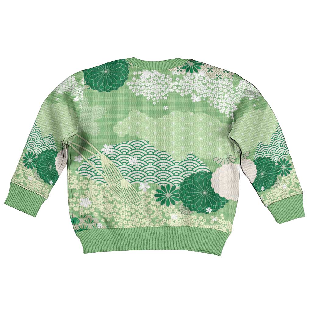 Green Palaka Japanese Patterns Kid Ugly Christmas Sweater Asanoha Seigaiha Sakura Motif - Polynesian Pride
