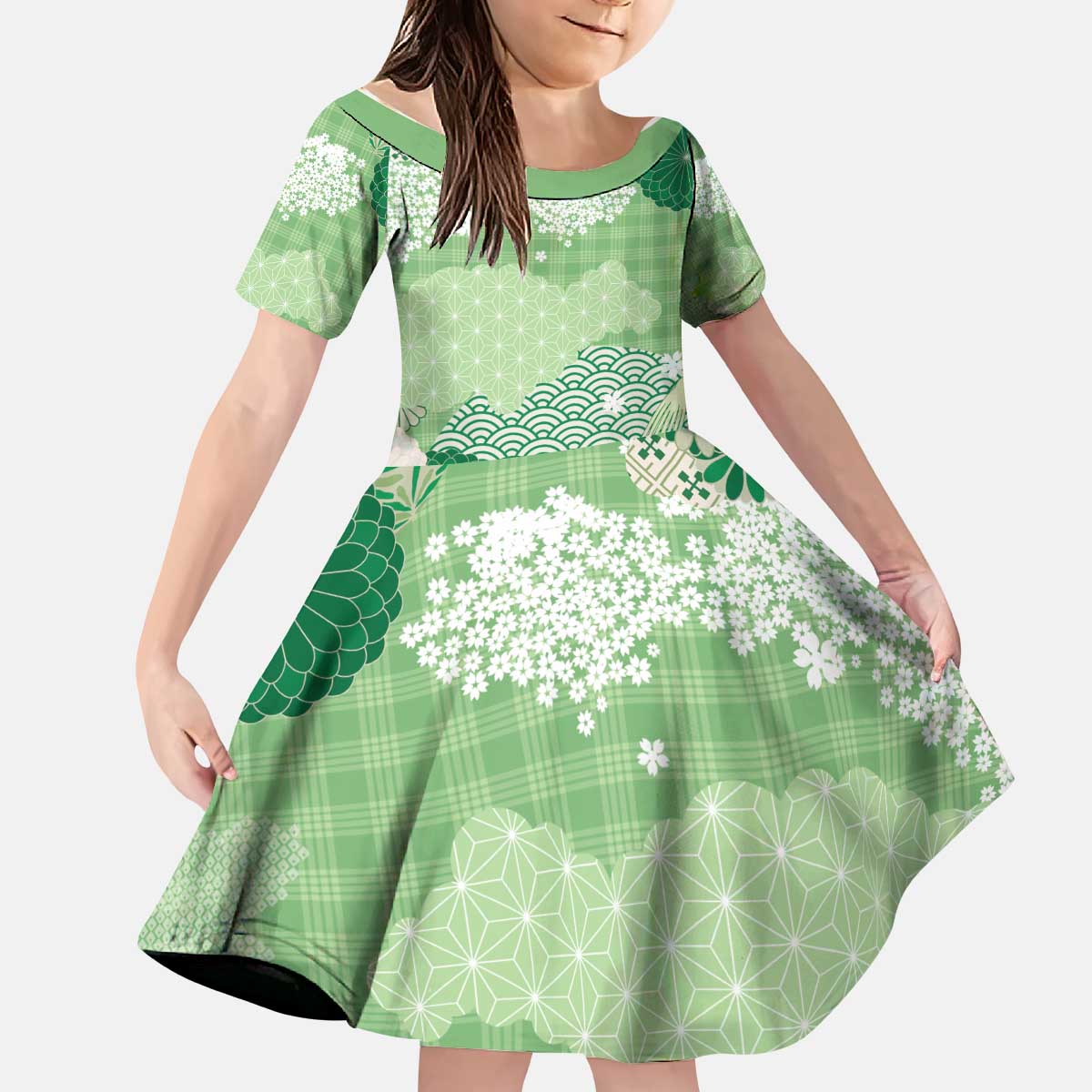 Green Palaka Japanese Patterns Kid Short Sleeve Dress Asanoha Seigaiha Sakura Motif - Polynesian Pride